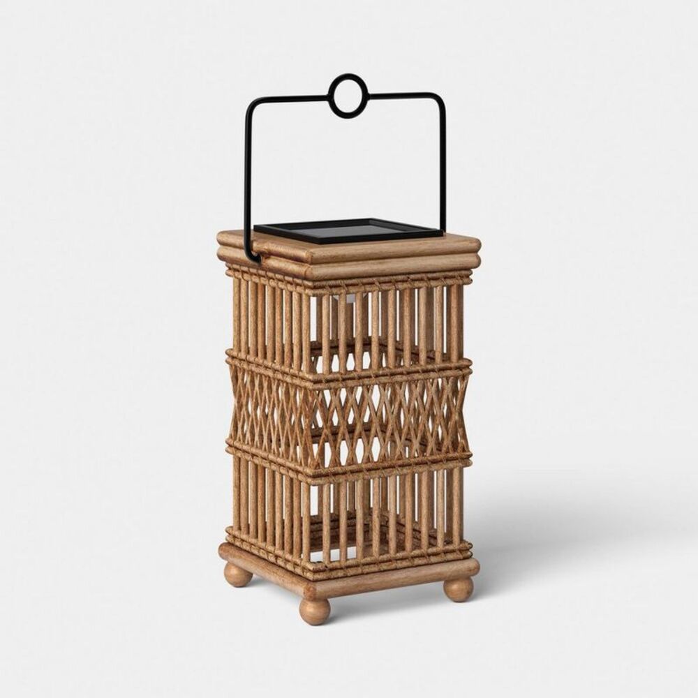 Open Weave Battery/Solar LED Outdoor Small Lantern Beige - Threshold